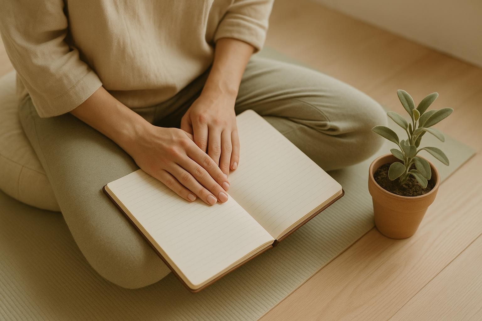 Mind-body practice with journal and plant